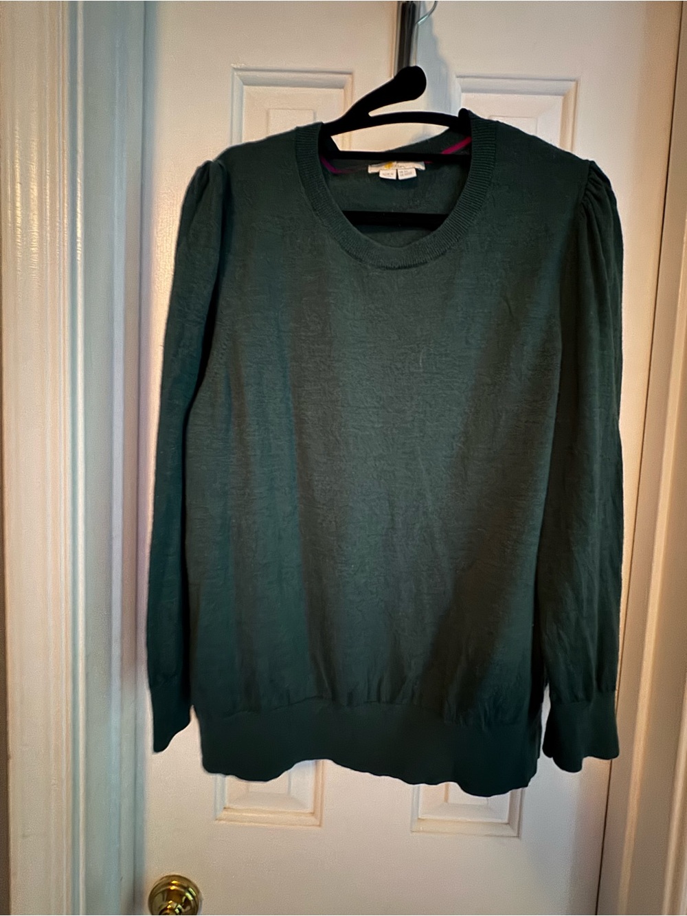 Boden Forest Green Crewneck Sweater with Puff Shoulders